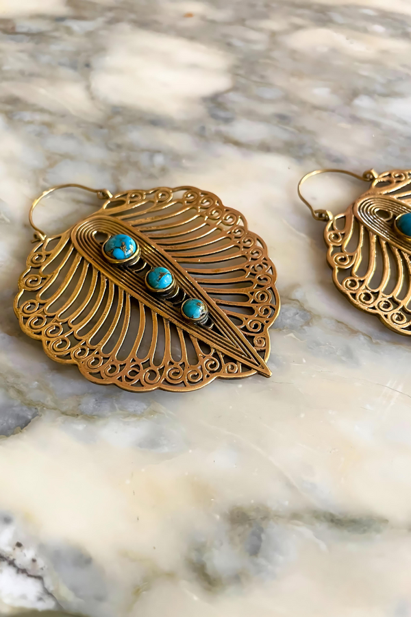 Turquoise Leaf Brass Earrings