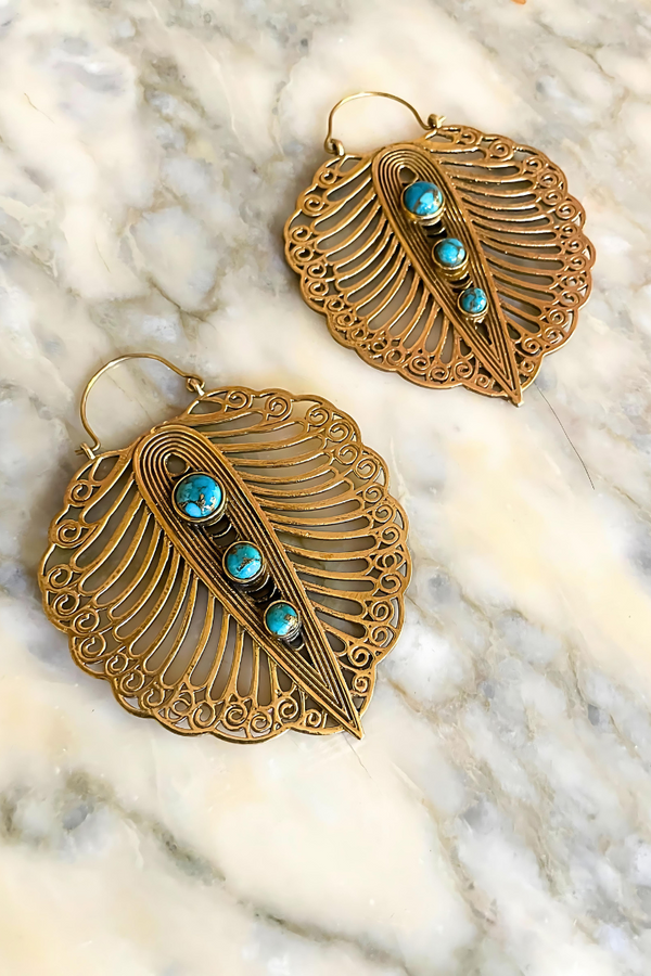 Turquoise Leaf Brass Earrings